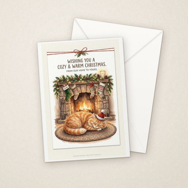 Cozy Christmas Cat greeting card mockup with envelope, Adorable Greeting Cards design