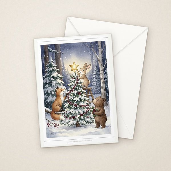 Woodland Christmas Tree greeting card mockup with envelope, Adorable Greeting Cards design