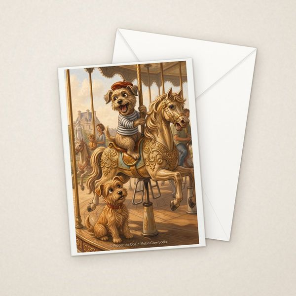 Carousel greeting card mockup with envelope, Adorable Puppy design