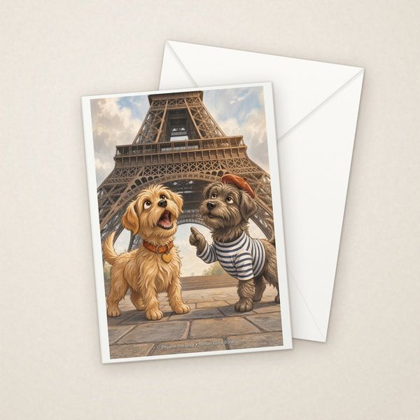 Bonjour Paris greeting card mockup with envelope, Adorable Puppy design