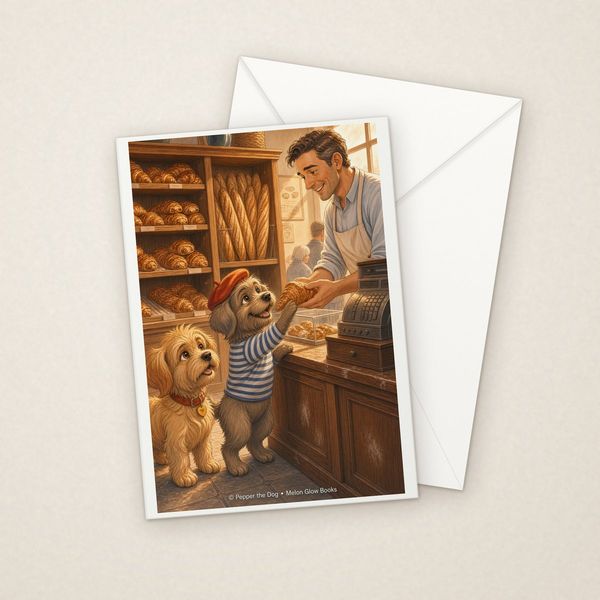 Croissants greeting card mockup with envelope, Adorable Puppy design