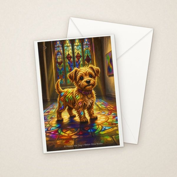 Rainbow Light greeting card mockup with envelope, Adorable Puppy design