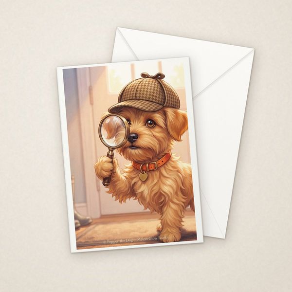 Detective Pepper greeting card mockup with envelope, Adorable Puppy design