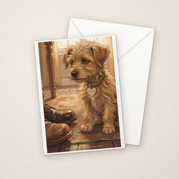 The Biggest Boots greeting card mockup with envelope, Adorable Puppy design