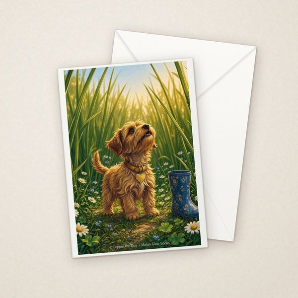 Into the Grass Jungle greeting card mockup with envelope, Adorable Puppy design