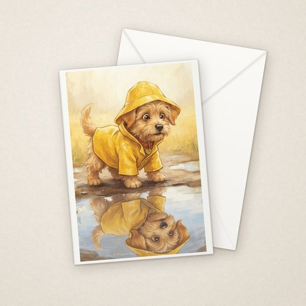 Puddle Weather greeting card mockup with envelope, Adorable Puppy design