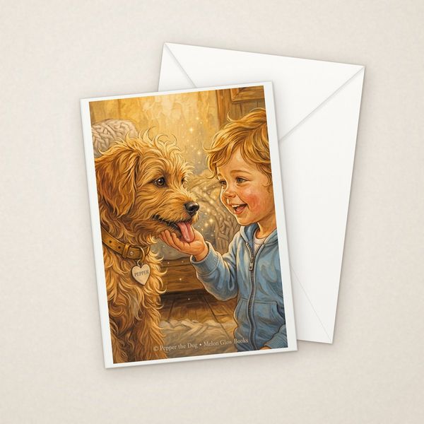 Lick the Hand greeting card mockup with envelope, Adorable Puppy design