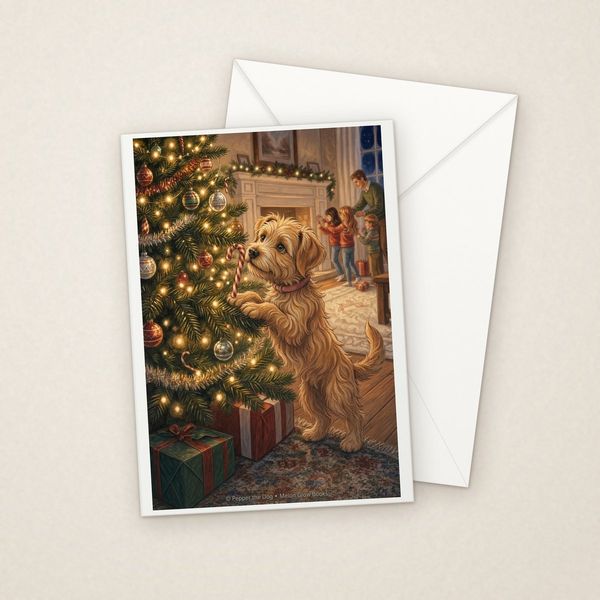 Christmas Tree greeting card mockup with envelope, Adorable Puppy design