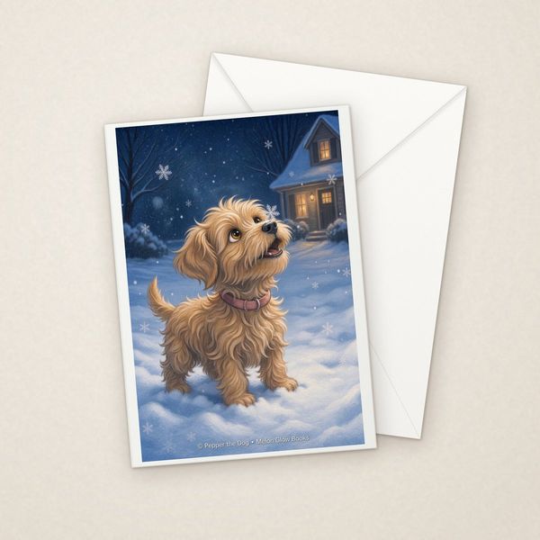 First Snow greeting card mockup with envelope, Adorable Puppy design