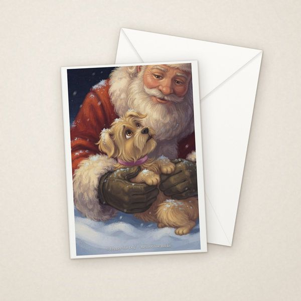 Safe in Santa's Arms greeting card mockup with envelope, Adorable Puppy design