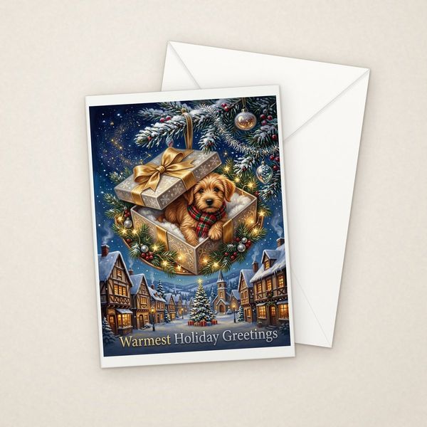 Warmest Holiday Greetings greeting card mockup with envelope, Adorable Puppy design