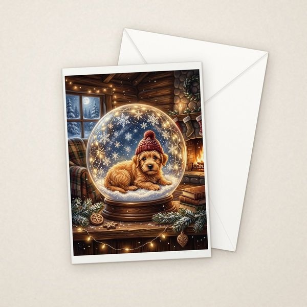 Snow Globe greeting card mockup with envelope, Adorable Puppy design