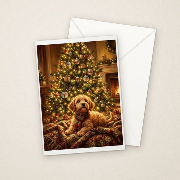 By the Tree greeting card mockup with envelope, Adorable Puppy design
