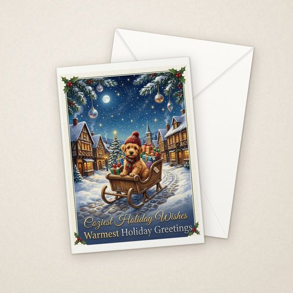 Sleigh Ride greeting card mockup with envelope, Adorable Puppy design