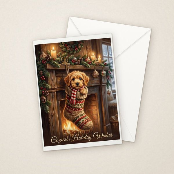 Christmas Stocking greeting card mockup with envelope, Adorable Puppy design