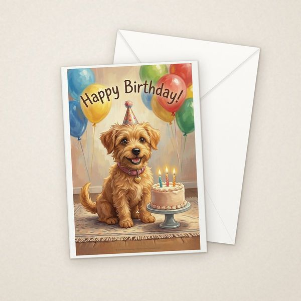 Happy Birthday greeting card mockup with envelope, Adorable Puppy design