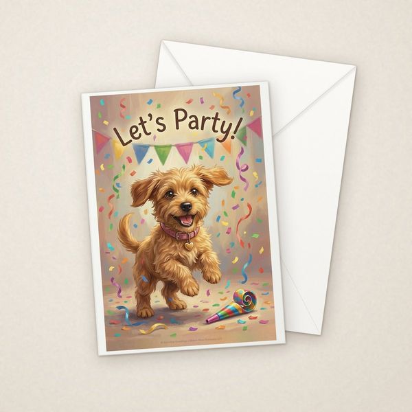 Let's Party greeting card mockup with envelope, Adorable Puppy design