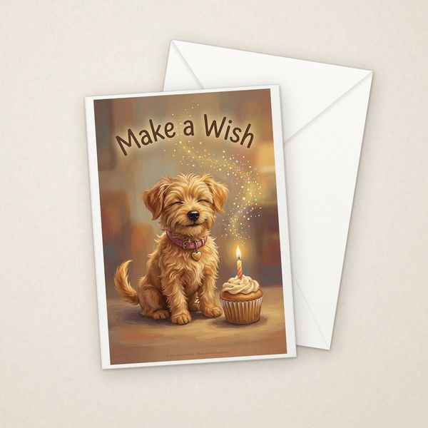 Make a Wish greeting card mockup with envelope, Adorable Puppy design