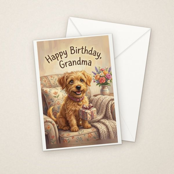Happy Birthday Grandma greeting card mockup with envelope, Adorable Puppy design