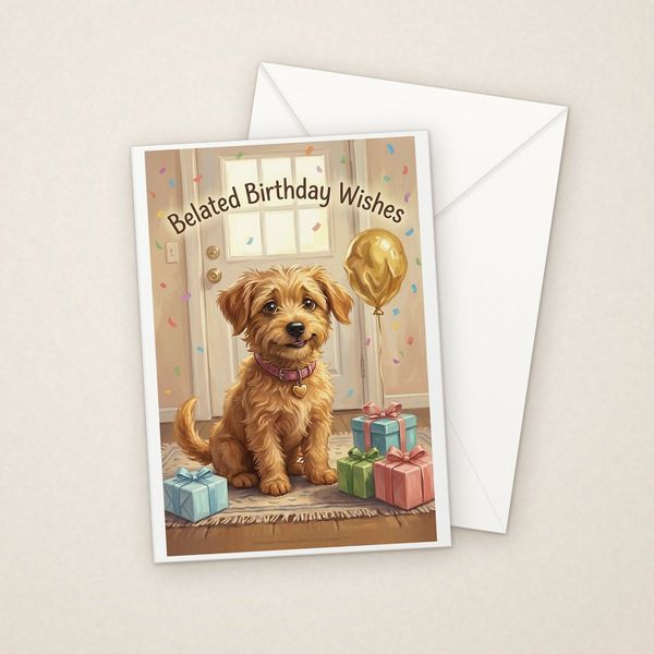 Belated Birthday Wishes greeting card mockup with envelope, Adorable Puppy design