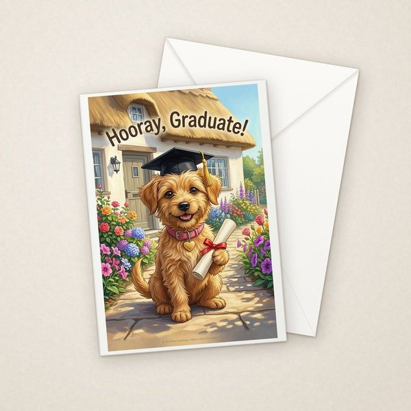 Hooray Graduate! greeting card mockup with envelope, Adorable Puppy design