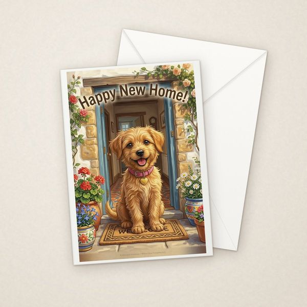 Happy New Home! greeting card mockup with envelope, Adorable Puppy design