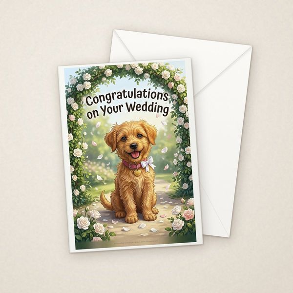 Congratulations on Your Wedding greeting card mockup with envelope, Adorable Puppy design