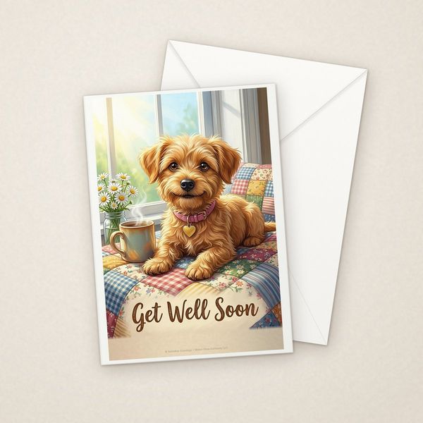 Get Well Soon greeting card mockup with envelope, Adorable Puppy design