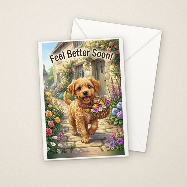 Feel Better Soon greeting card mockup with envelope, Adorable Puppy design
