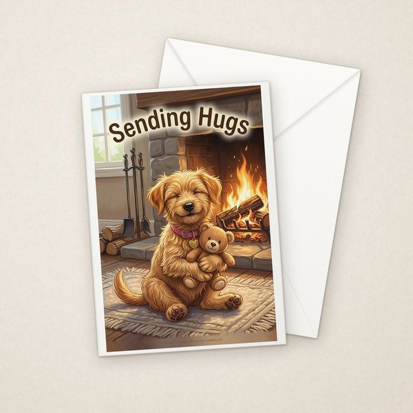 Sending Hugs greeting card mockup with envelope, Adorable Puppy design