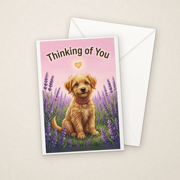Thinking of You greeting card mockup with envelope, Adorable Puppy design