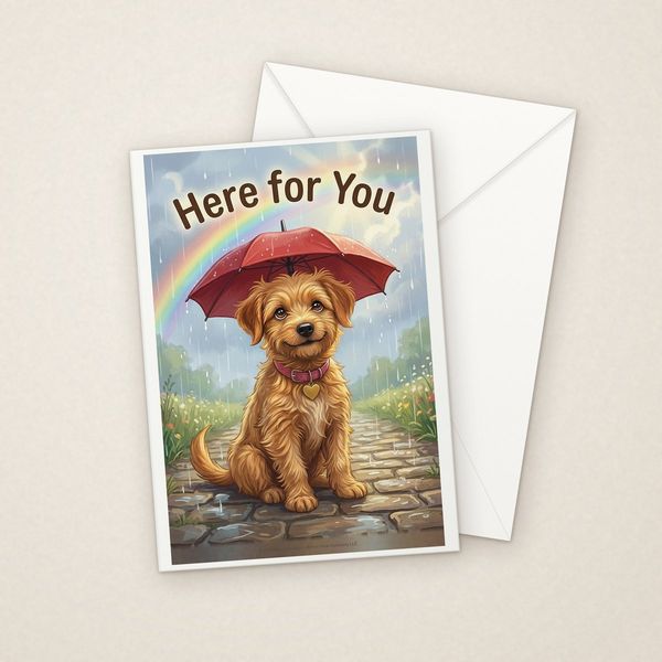 Here for You greeting card mockup with envelope, Adorable Puppy design