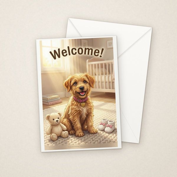 Welcome greeting card mockup with envelope, Adorable Puppy design