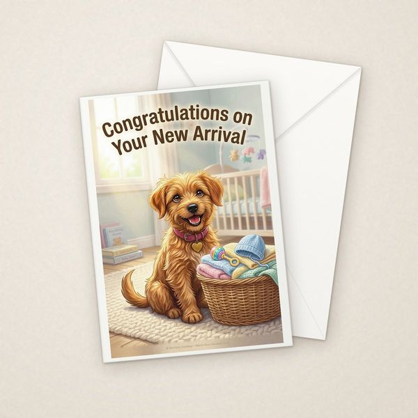 Congratulations on Your New Arrival greeting card mockup with envelope, Adorable Puppy design