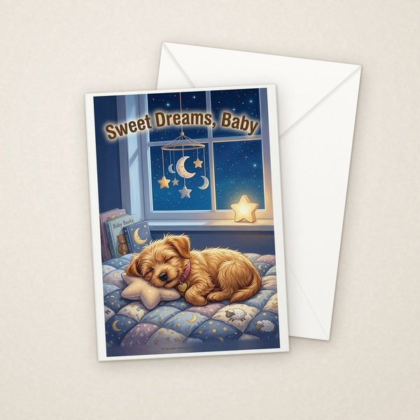 Sweet Dreams Baby greeting card mockup with envelope, Adorable Puppy design