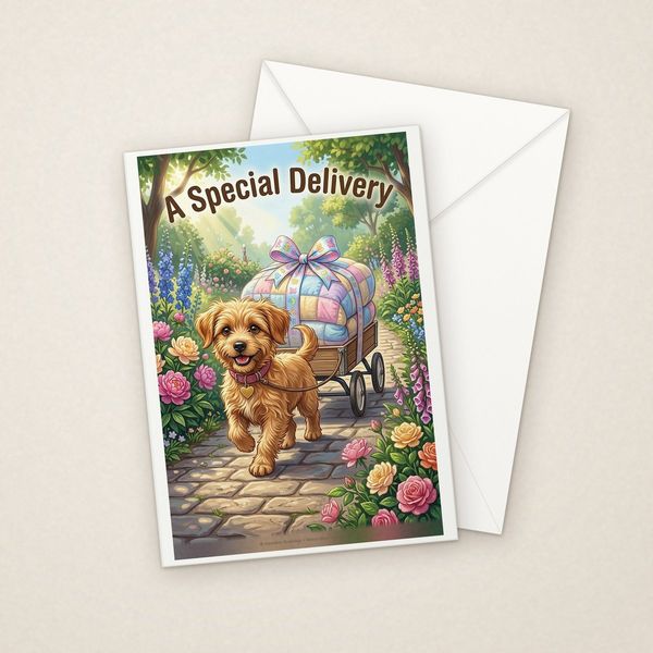 A Special Delivery greeting card mockup with envelope, Adorable Puppy design