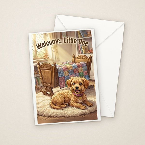 Welcome Little One greeting card mockup with envelope, Adorable Puppy design