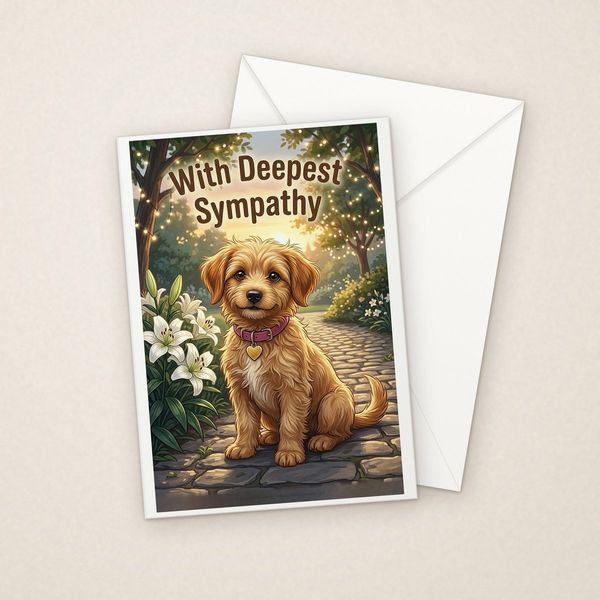 With Deepest Sympathy greeting card mockup with envelope, Adorable Puppy design