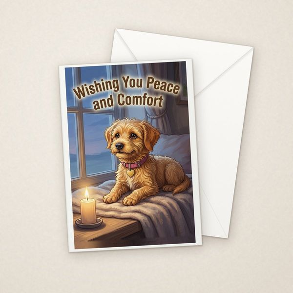 Wishing You Peace and Comfort greeting card mockup with envelope, Adorable Puppy design
