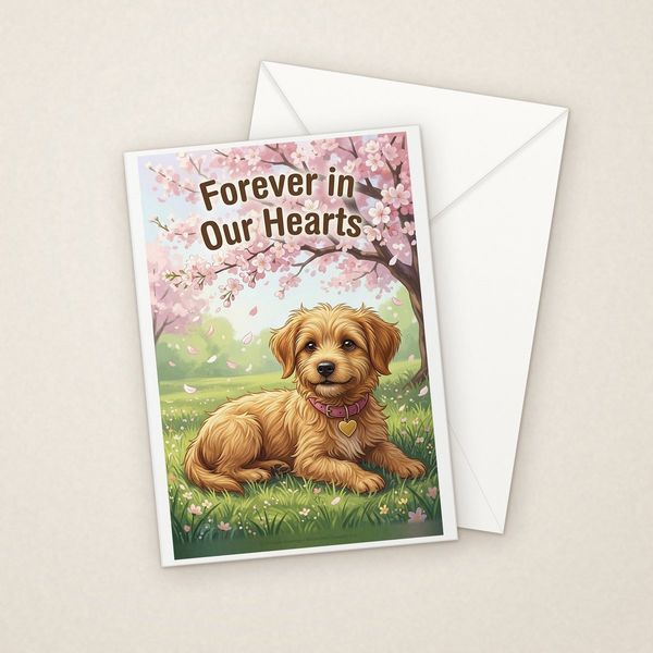 Forever in Our Hearts greeting card mockup with envelope, Adorable Puppy design