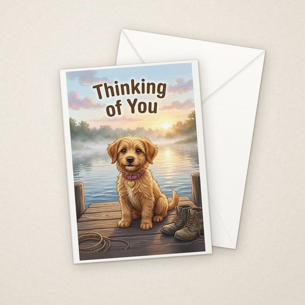 Thinking of You (Sympathy) greeting card mockup with envelope, Adorable Puppy design