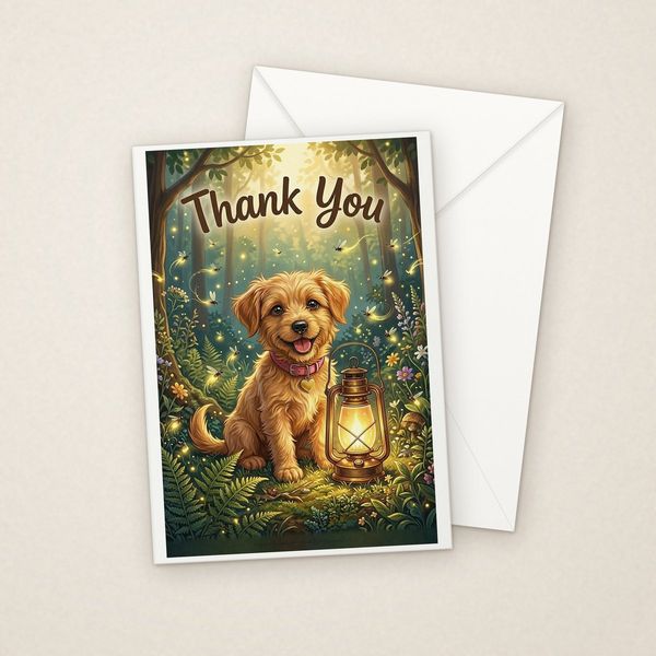 Lantern in the Forest greeting card mockup with envelope, Adorable Puppy design