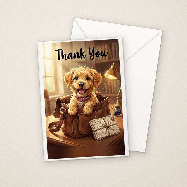 Messenger Bag greeting card mockup with envelope, Adorable Puppy design