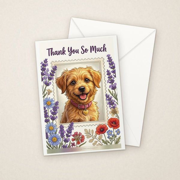 First Class Stamps greeting card mockup with envelope, Adorable Puppy design