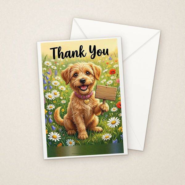 Meadow Thank You Sign greeting card mockup with envelope, Adorable Puppy design