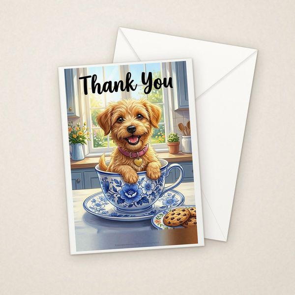 Teacup greeting card mockup with envelope, Adorable Puppy design