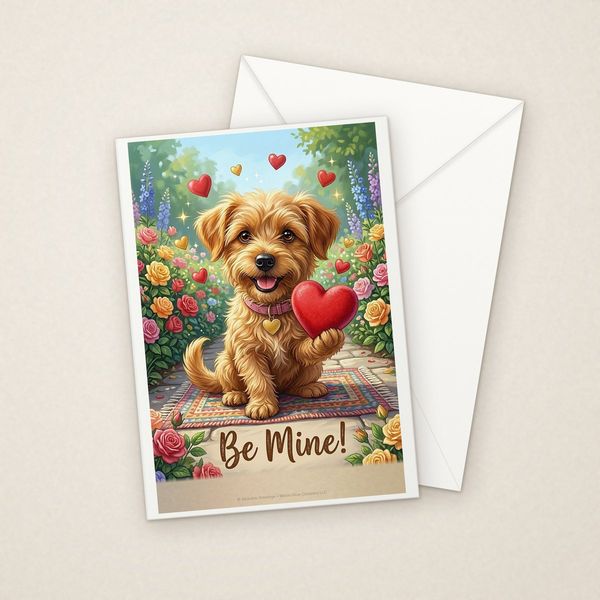 Be Mine greeting card mockup with envelope, Adorable Puppy design