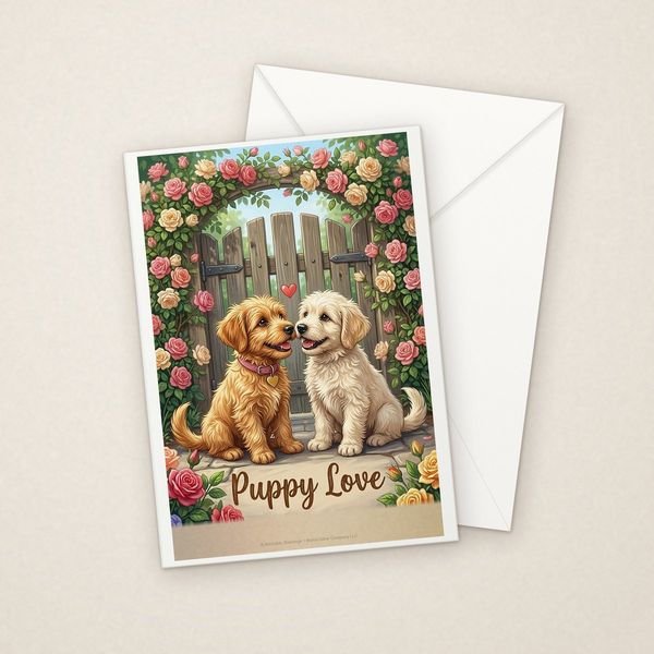 Puppy Love greeting card mockup with envelope, Adorable Puppy design