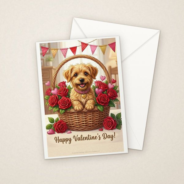 Happy Valentine's Day greeting card mockup with envelope, Adorable Puppy design