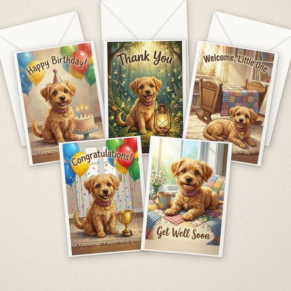 Adorable Puppy card sampler, 5 assorted cards
